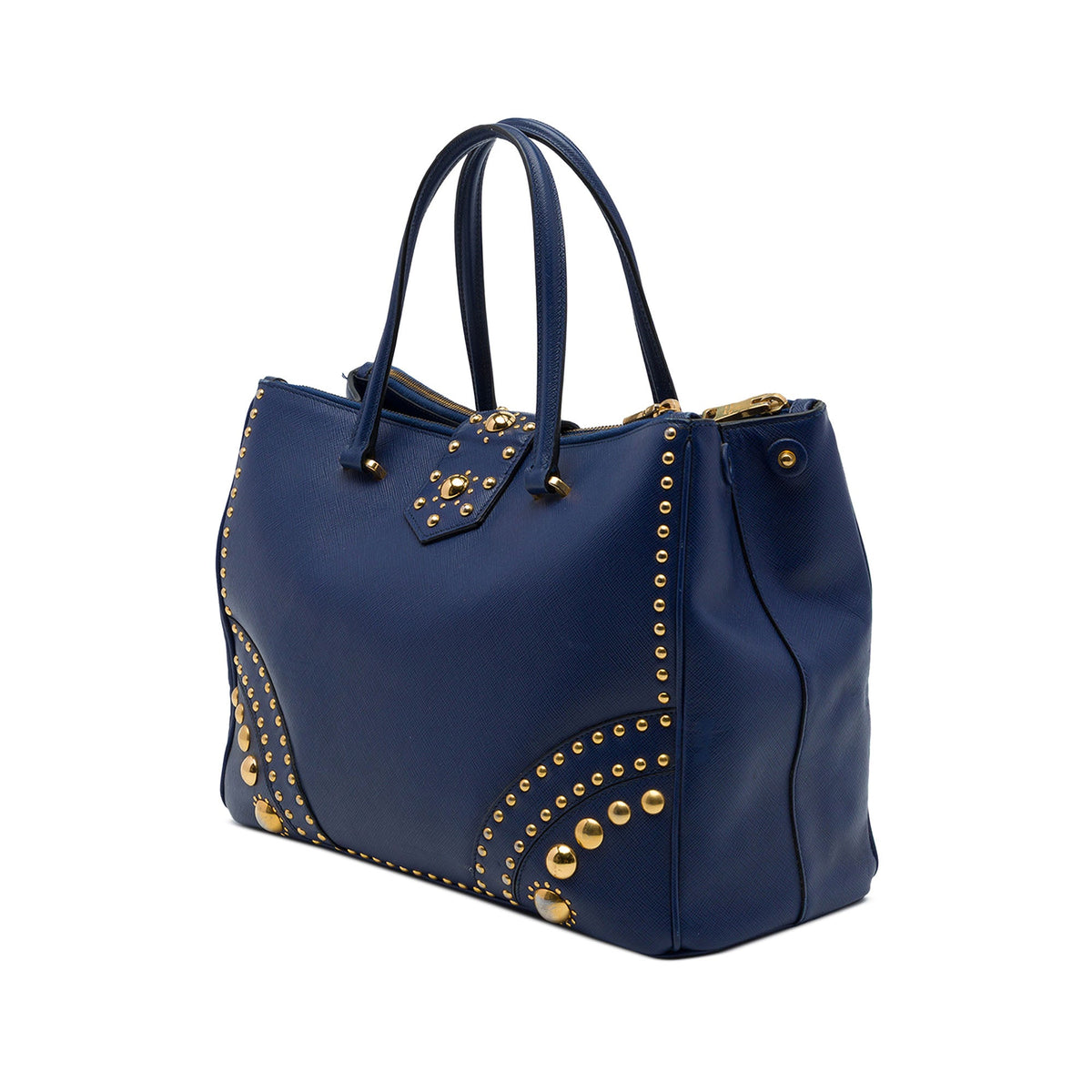 Prada Saffiano Turnlock Double Zip Studded Tote — Blue