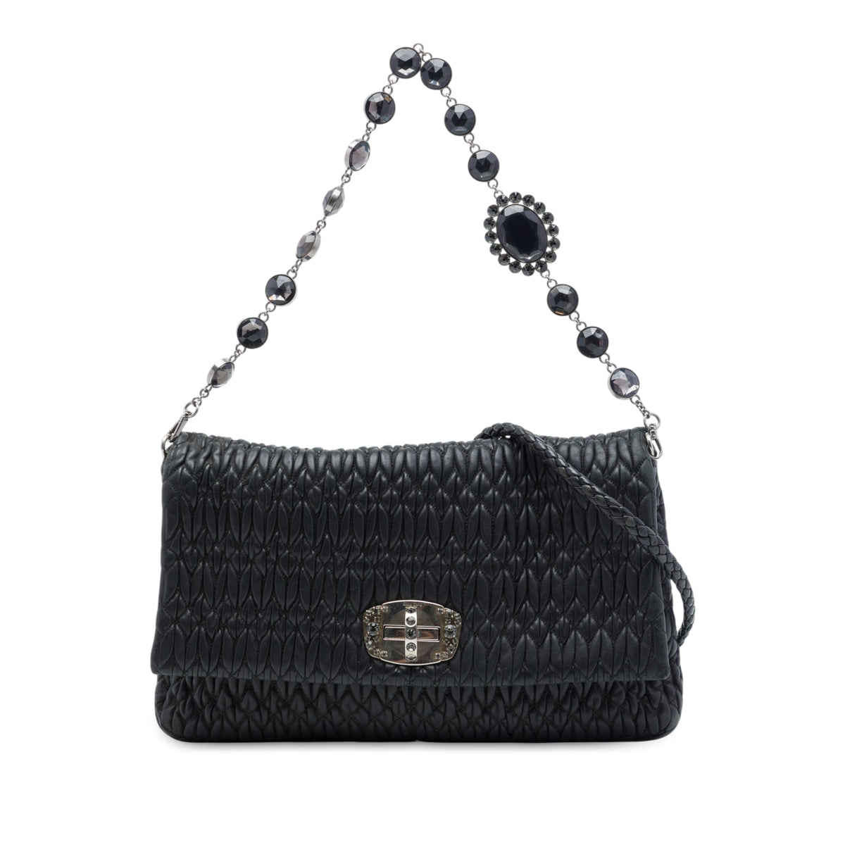 Miu Miu Matelasse Nappa Crystal Chain Satchel — Black