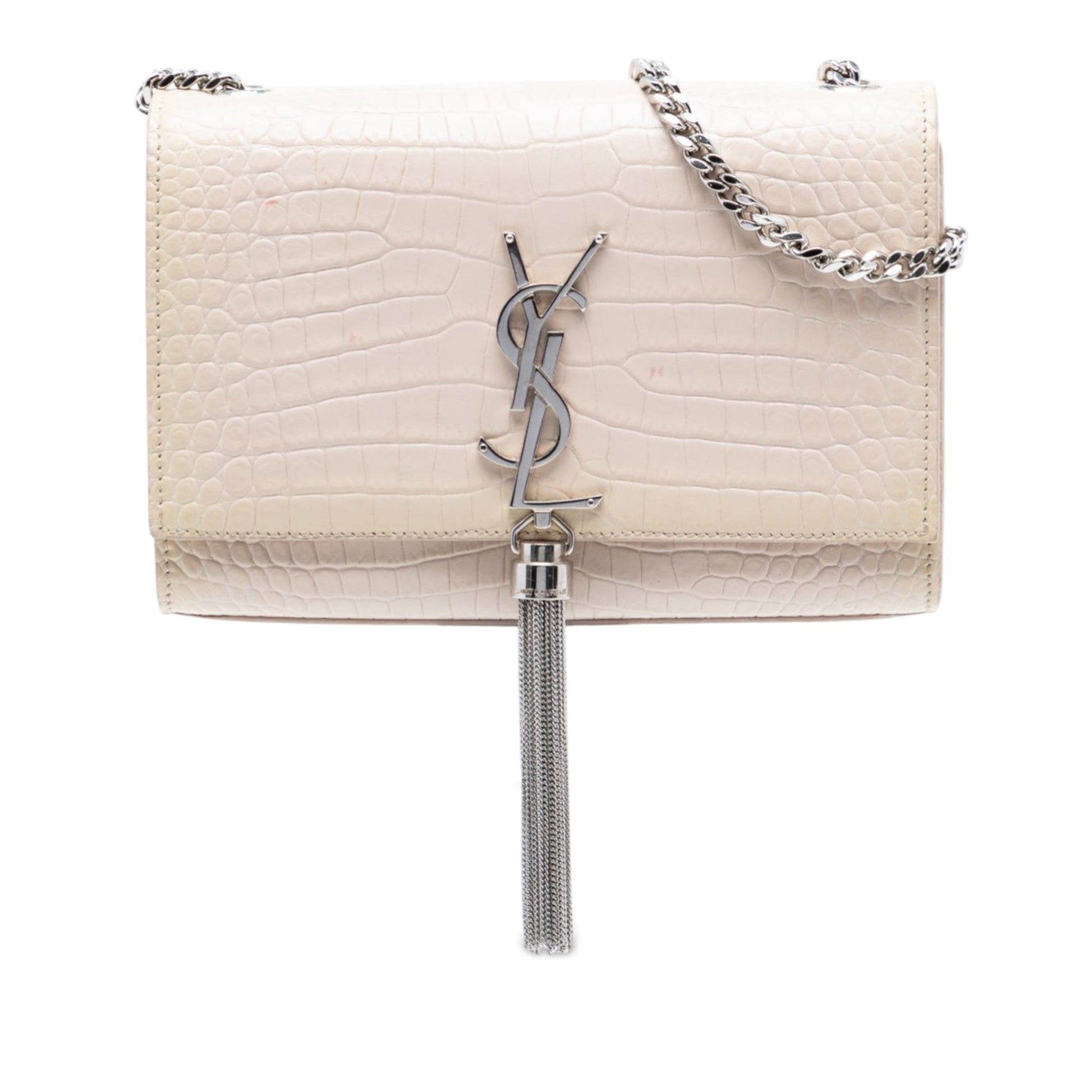 Saint Laurent Medium Croc Embossed Leather Monogram Kate Tassel Crossbody