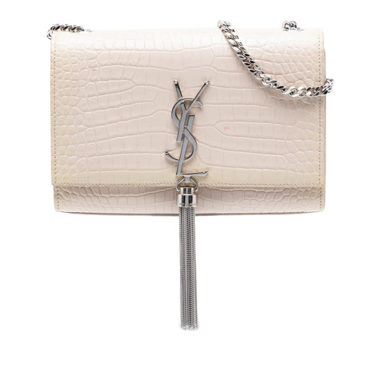 Saint Laurent Medium Croc Embossed Leather Monogram Kate Tassel Crossbody
