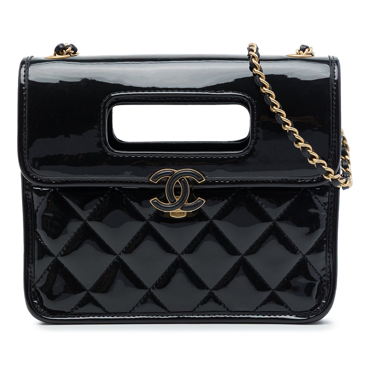 Chanel Mini Quilted Patent Graphic Catch Flap — Black