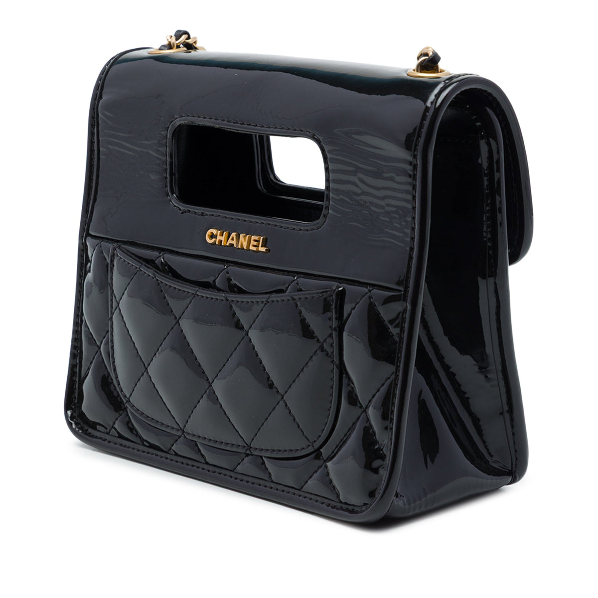 Chanel Mini Quilted Patent Graphic Catch Flap — Black