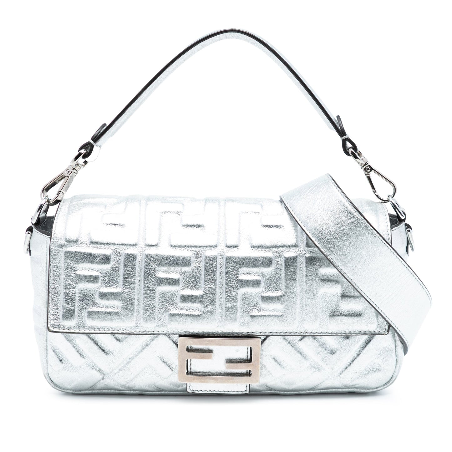 Fendi Medium Metallic Leather Embossed FF Baguette Satchel