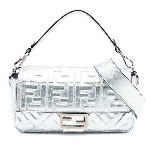 Fendi Medium Metallic Leather Embossed FF Baguette Satchel