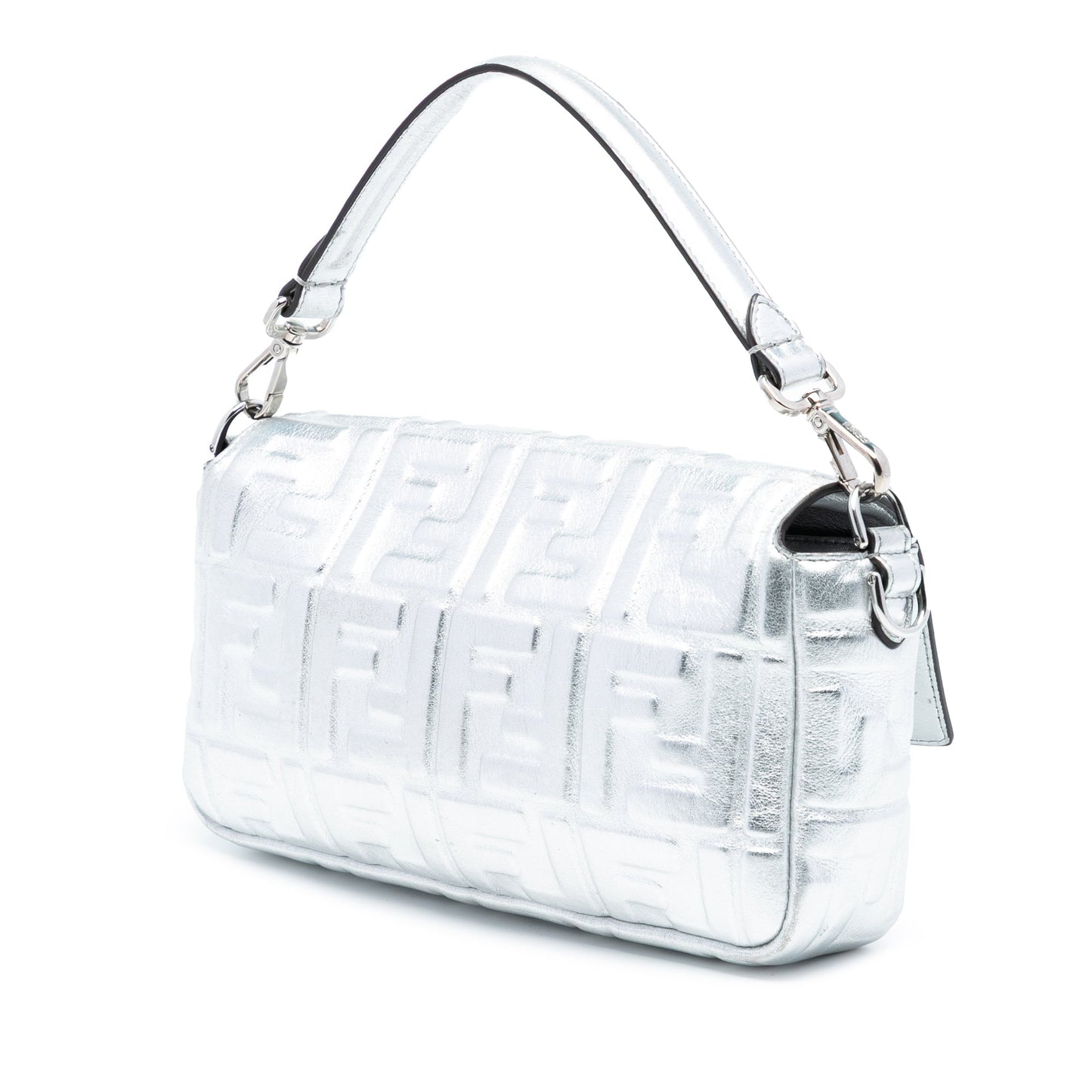 Fendi Medium Metallic Leather Embossed FF Baguette Satchel