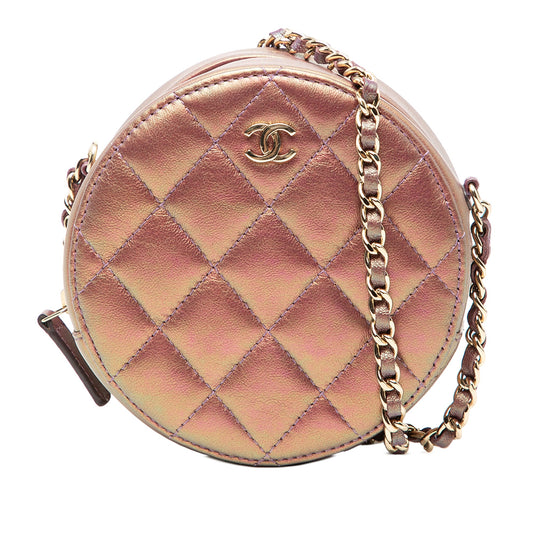 Quilted Iridescent Lambskin Round Clutch With Chain