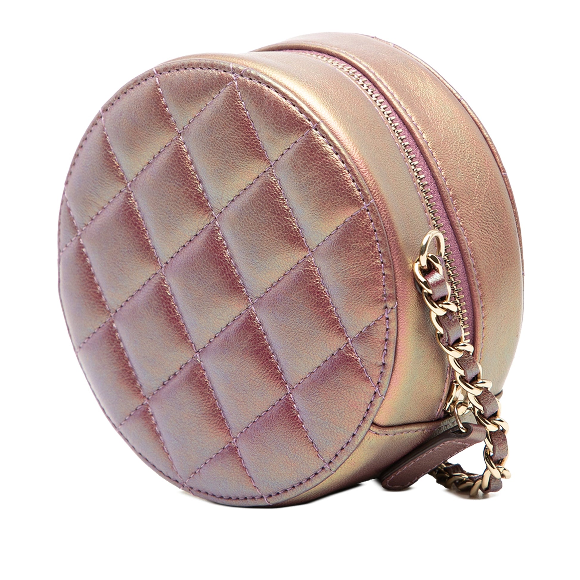 Quilted Iridescent Lambskin Round Clutch With Chain