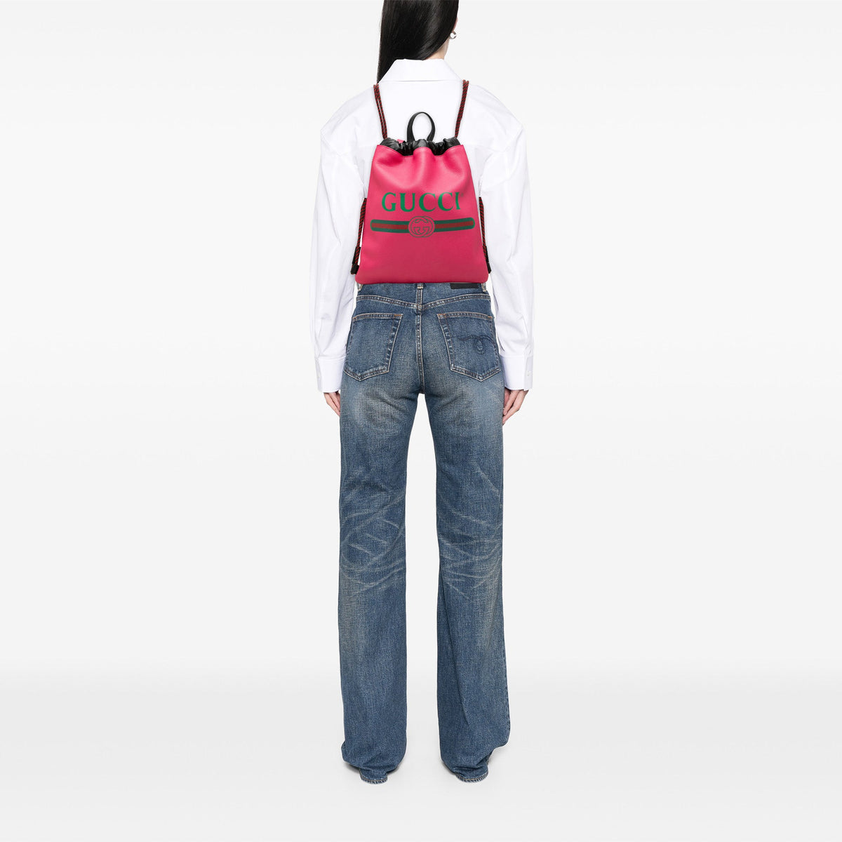 Gucci Grained Calfskin Web Logo Drawstring Backpack