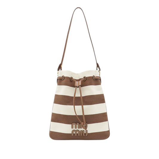Miu Miu Striped Canvas Logo Drawstring Handbag