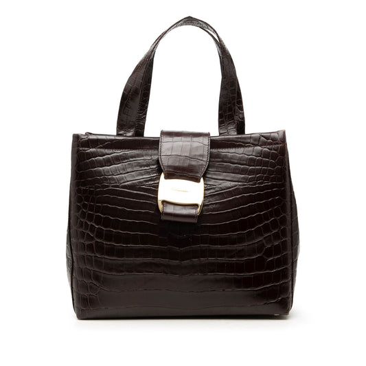 Ferragamo Croc Embossed Leather Vara Bow Handbag