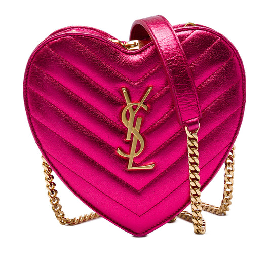 Saint Laurent Mini Chevron Metallic Leather Monogram Love Heart Chain Bag — Pink