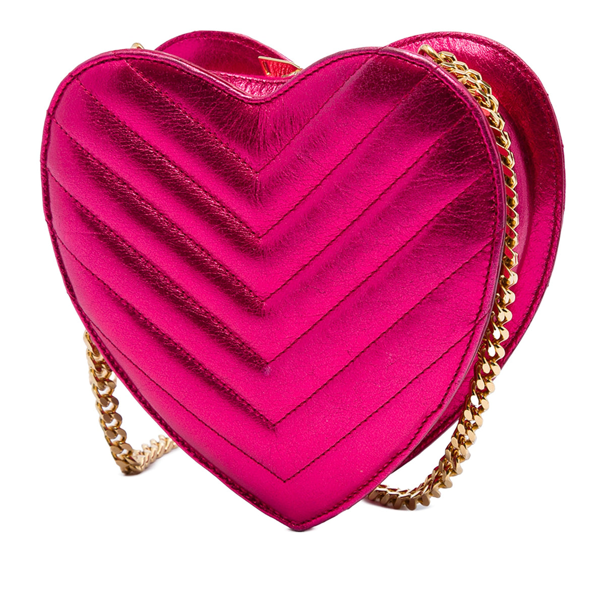 Saint Laurent Mini Chevron Metallic Leather Monogram Love Heart Chain Bag — Pink
