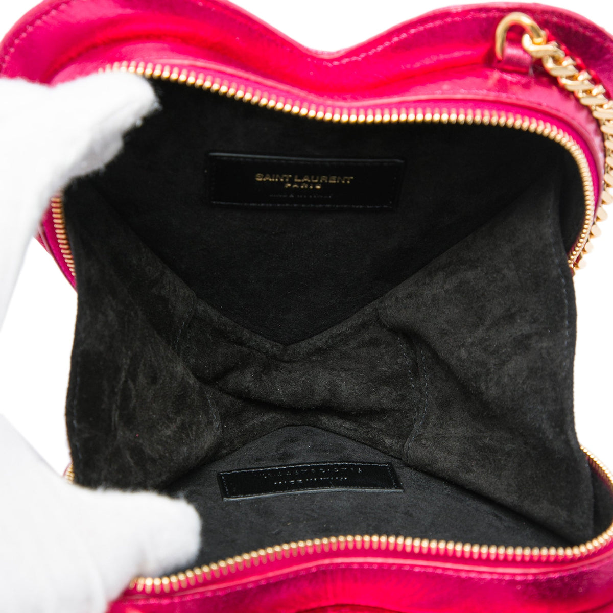 Saint Laurent Mini Chevron Metallic Leather Monogram Love Heart Chain Bag — Pink