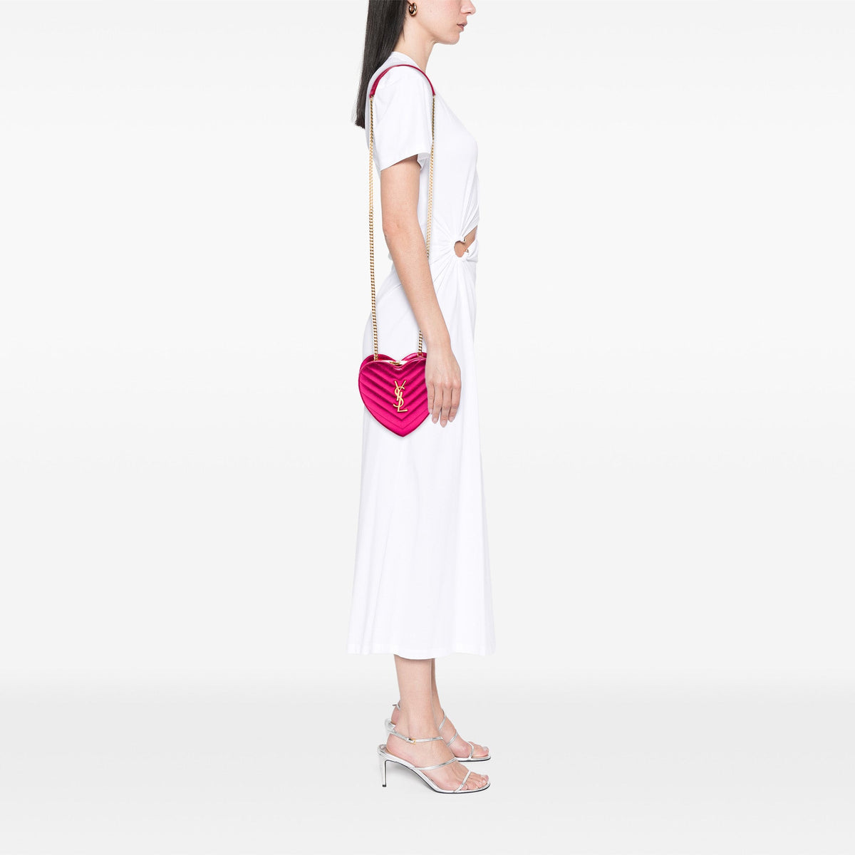 Saint Laurent Mini Chevron Metallic Leather Monogram Love Heart Chain Bag — Pink