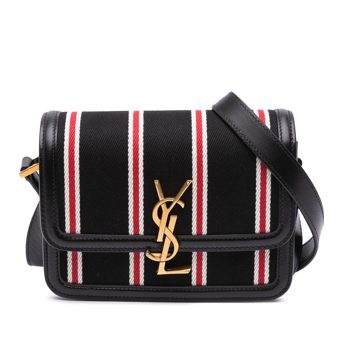 Saint Laurent Small Canvas Striped Solferino Satchel In Box — Black
