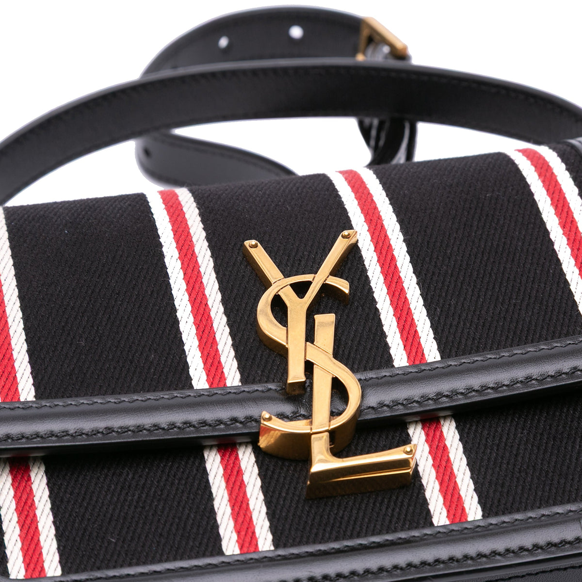 Saint Laurent Small Canvas Striped Solferino Satchel In Box — Black