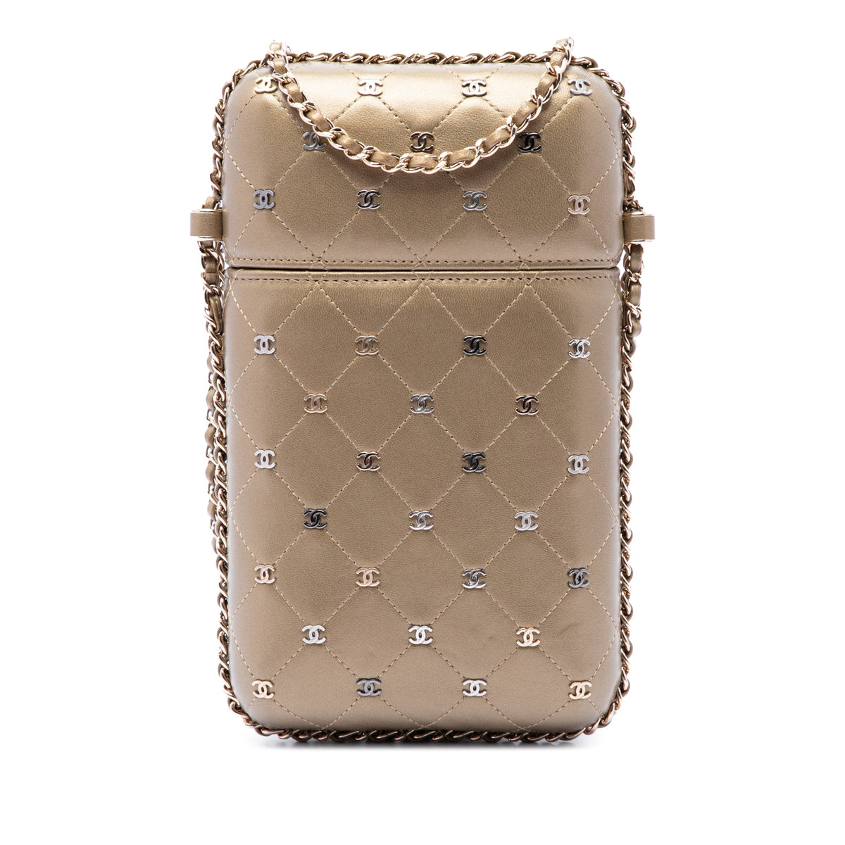 Chanel CC Quilted and Studded Metallic Lambskin Chain Around Phone Holder — Gold