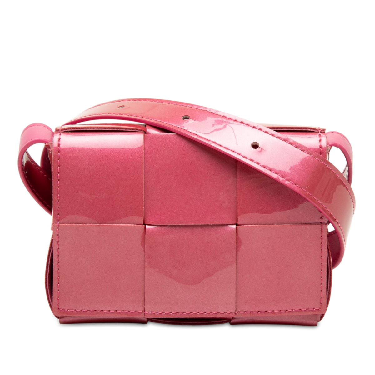 Bottega Veneta Extra Mini Patent Intrecciato Cassette Crossbody — Pink
