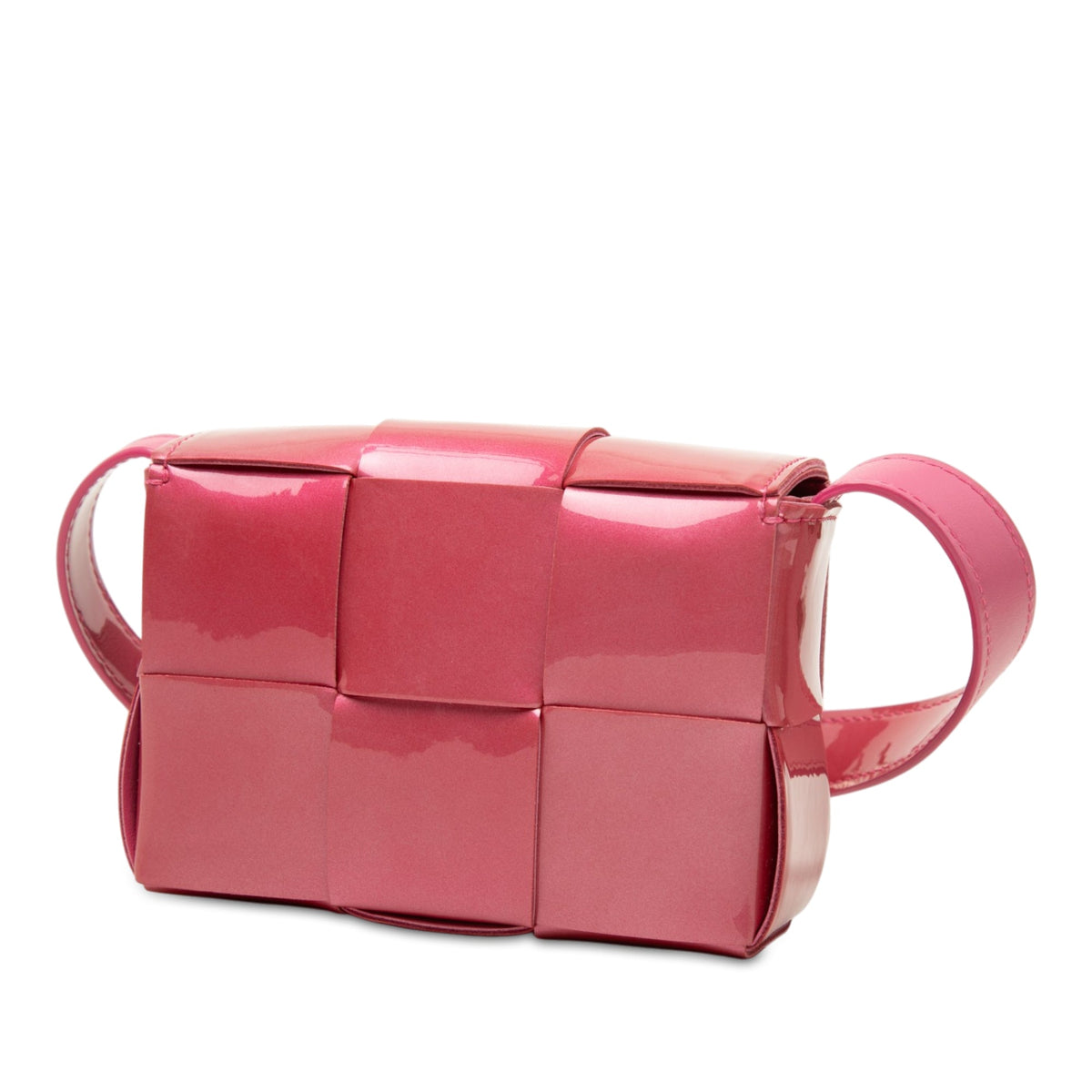 Bottega Veneta Extra Mini Patent Intrecciato Cassette Crossbody — Pink