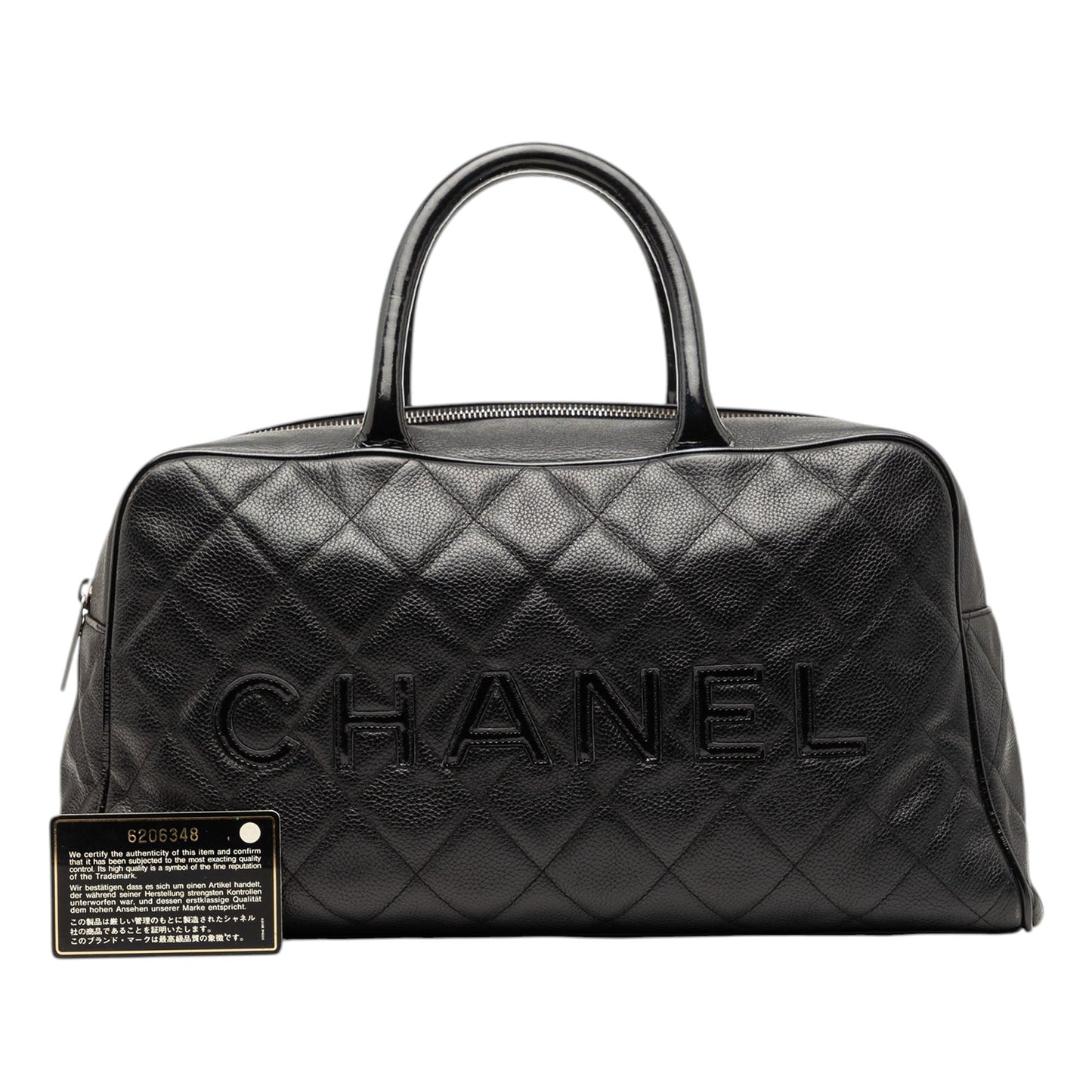Chanel Large Quilted Caviar and Patent Logo Bowler Bag