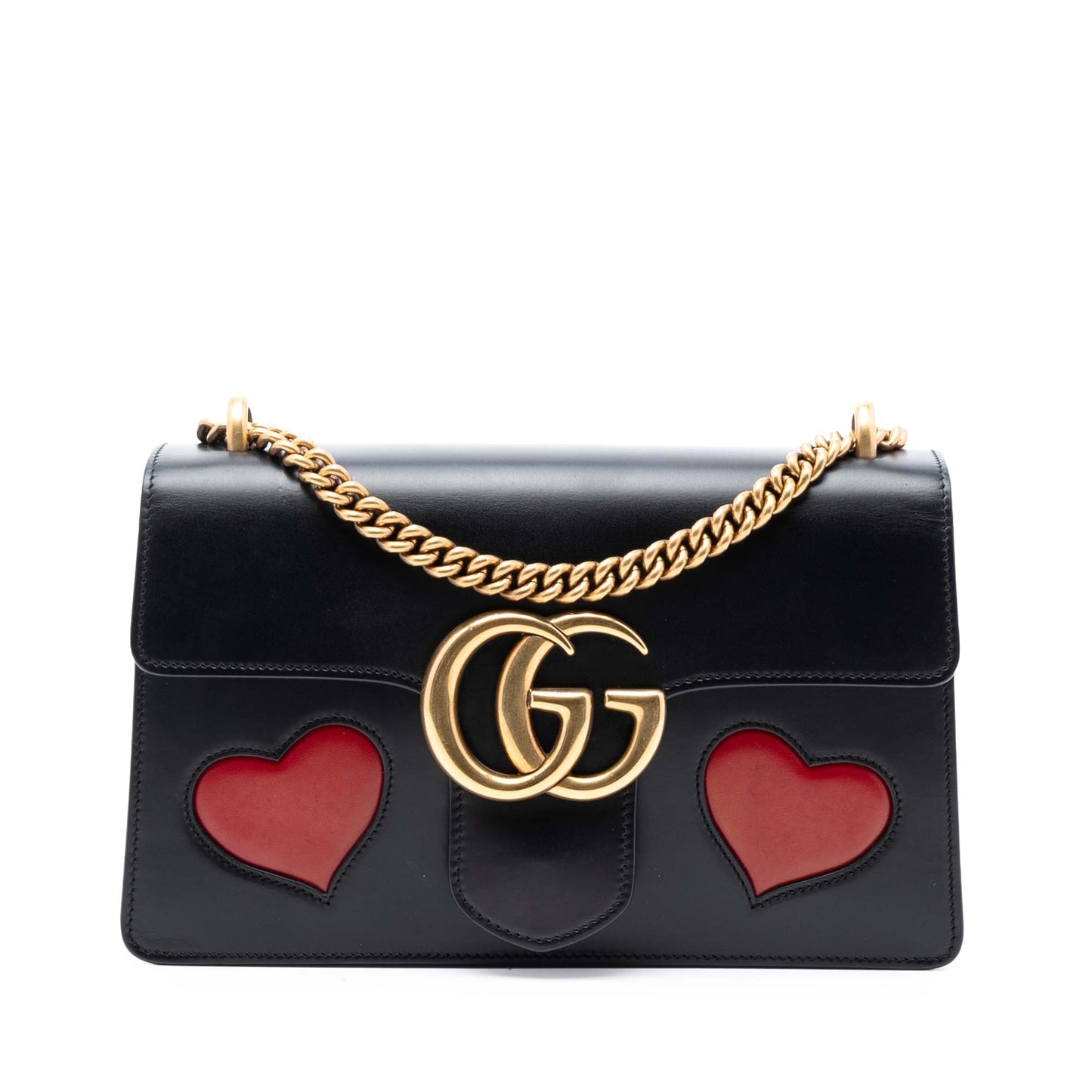 Gucci Medium GG Marmont Leather Malaga Kid Heart Patch Chain Flap