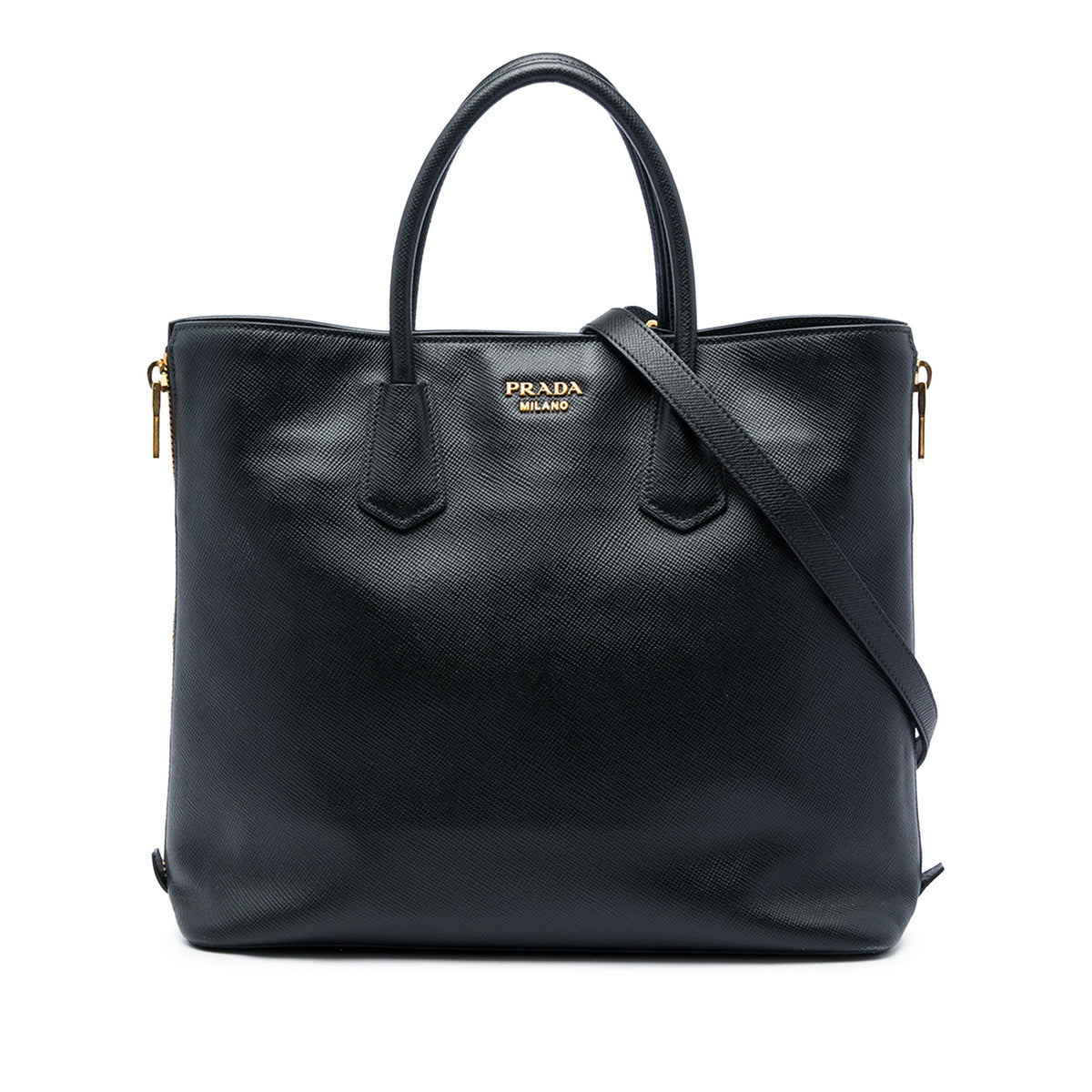 Prada Saffiano Side Zip Convertible Tote — Black
