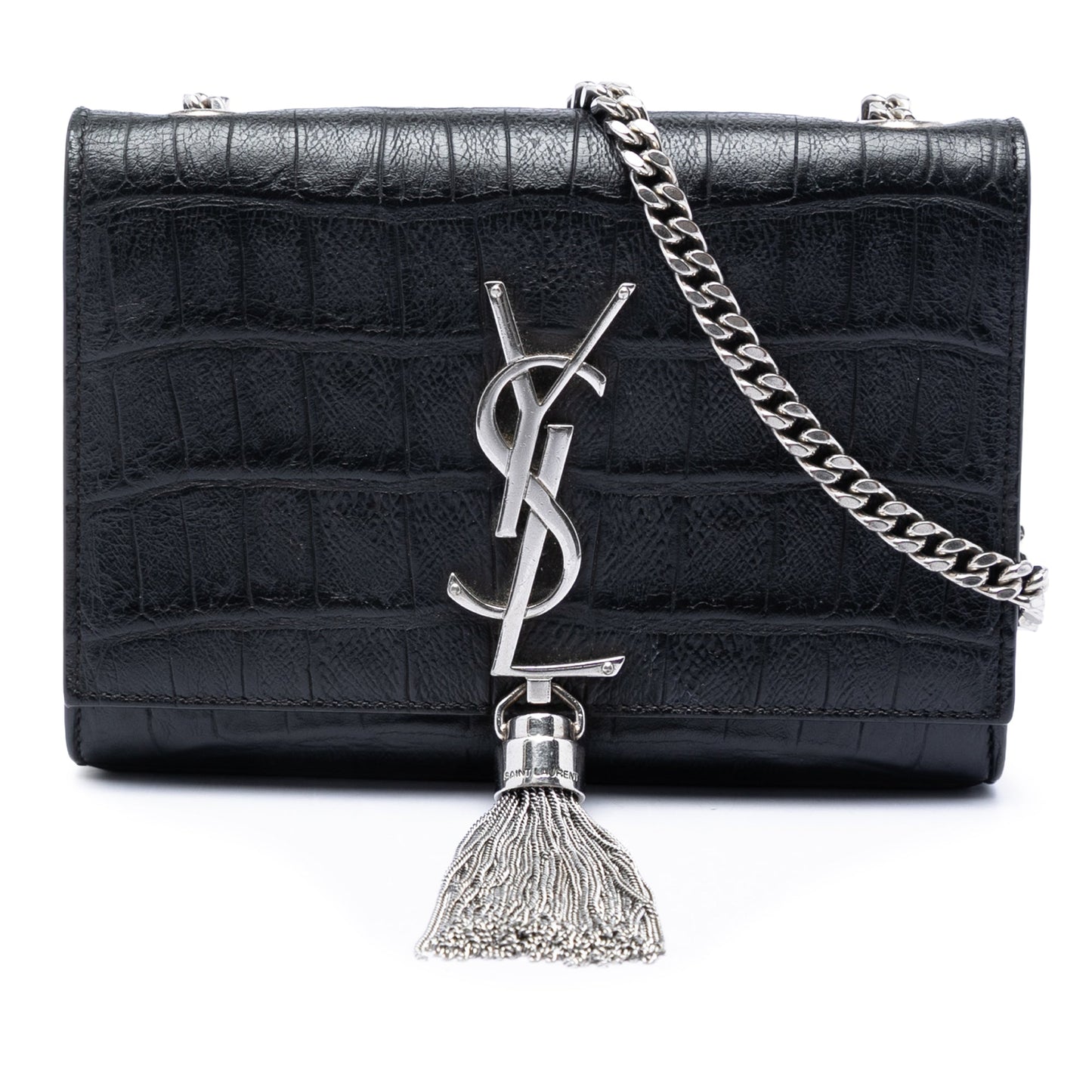 Saint Laurent Small Croc Embossed Leather Monogram Kate Tassel Crossbody