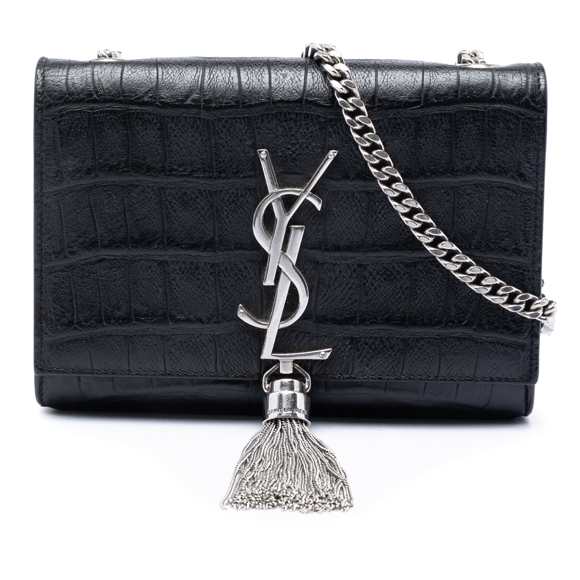 Saint Laurent Small Croc Embossed Leather Monogram Kate Tassel Crossbody