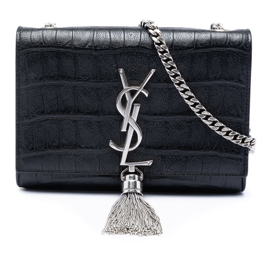 Saint Laurent Small Croc Embossed Leather Monogram Kate Tassel Crossbody
