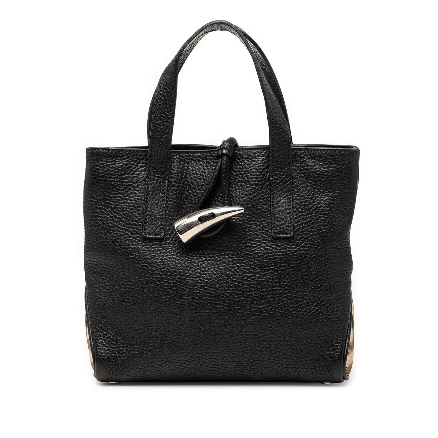 Burberry Small House Check Trimmed Grainy Calfskin Horn Toggle Tote