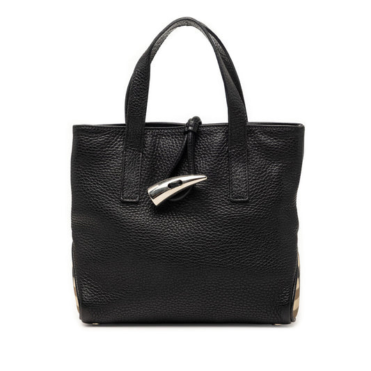 Burberry Small House Check Trimmed Grainy Calfskin Horn Toggle Tote