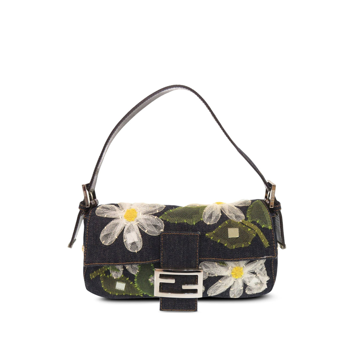 Fendi Embroidered Denim Mamma Baguette — Black