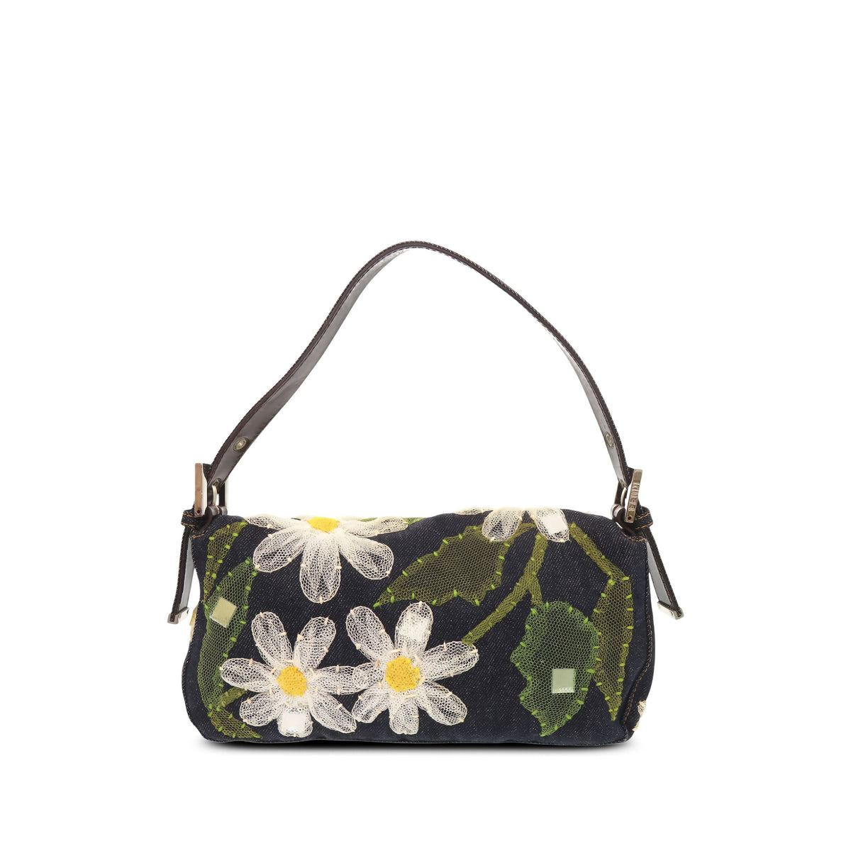 Fendi Embroidered Denim Mamma Baguette — Black