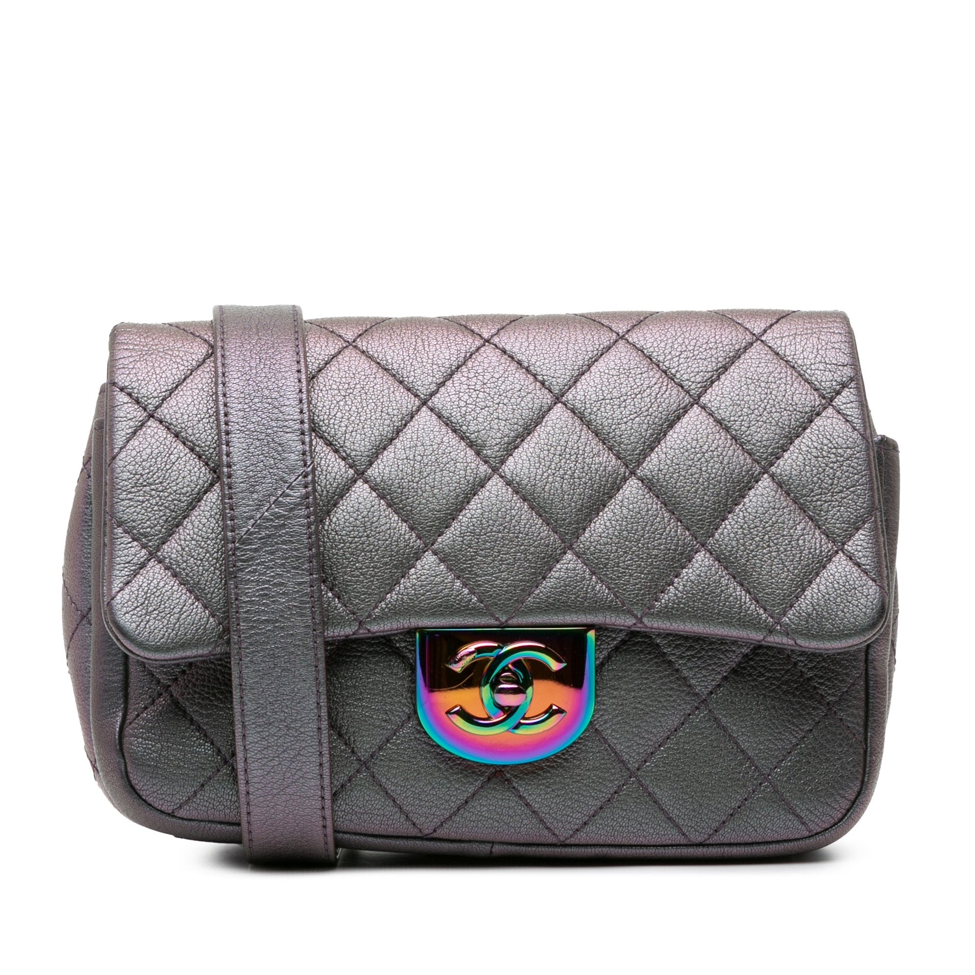 Chanel Small Iridescent Goatskin Rainbow Hardware Double Carry Waist Chain Flap