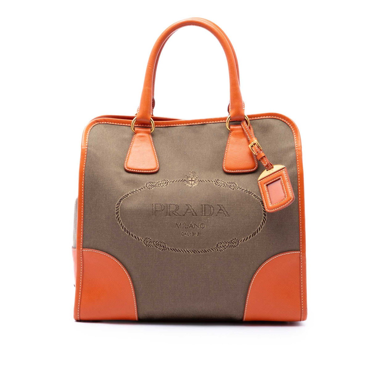 Prada Saffiano Trimmed Canvas Canapa Logo Satchel — Brown