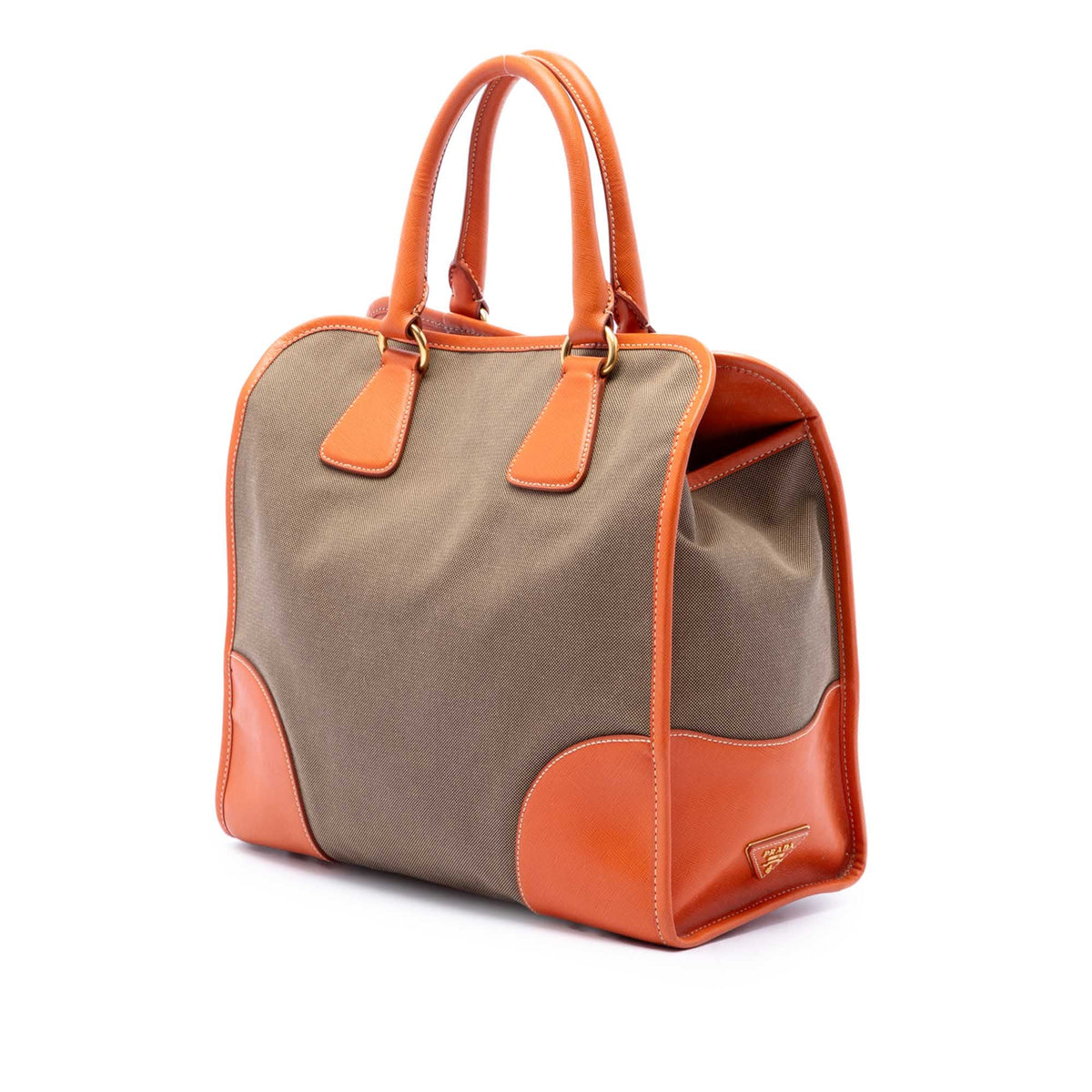Prada Saffiano Trimmed Canvas Canapa Logo Satchel — Brown