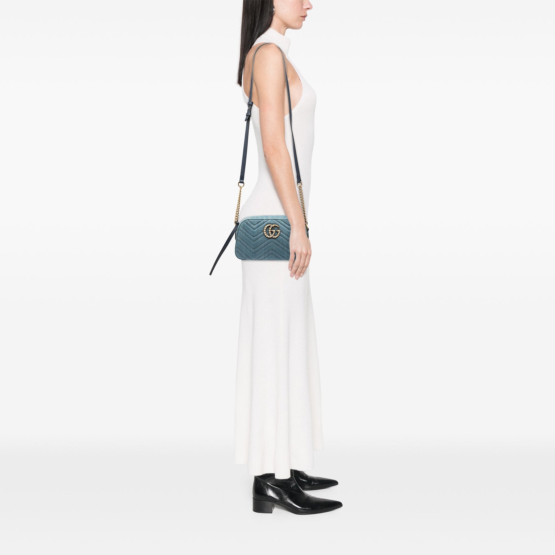 Gucci Small GG Marmont Matelasse Denim Pearly Crossbody