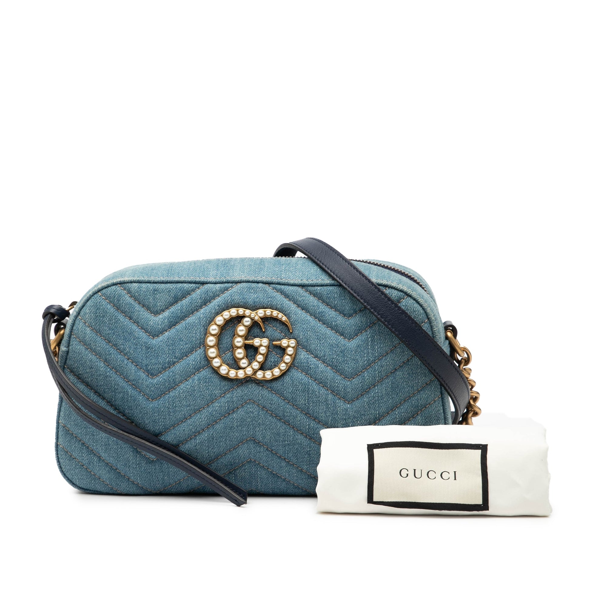Gucci Small GG Marmont Matelasse Denim Pearly Crossbody