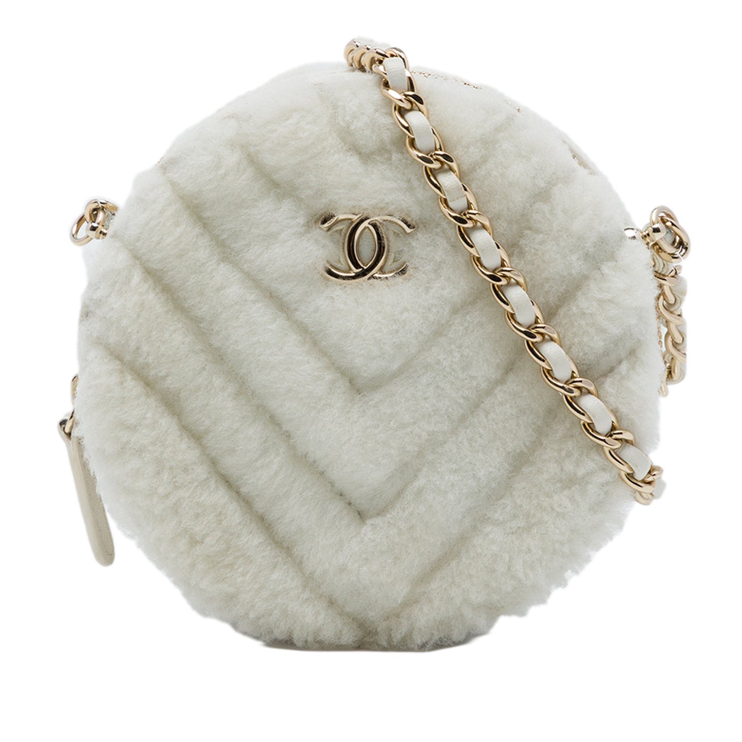 Chanel CC Chevron Shearling Round Clutch with Chain