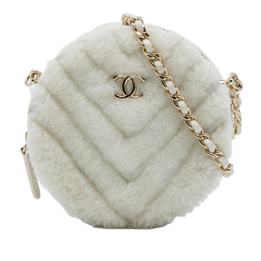 Chanel CC Chevron Shearling Round Clutch with Chain