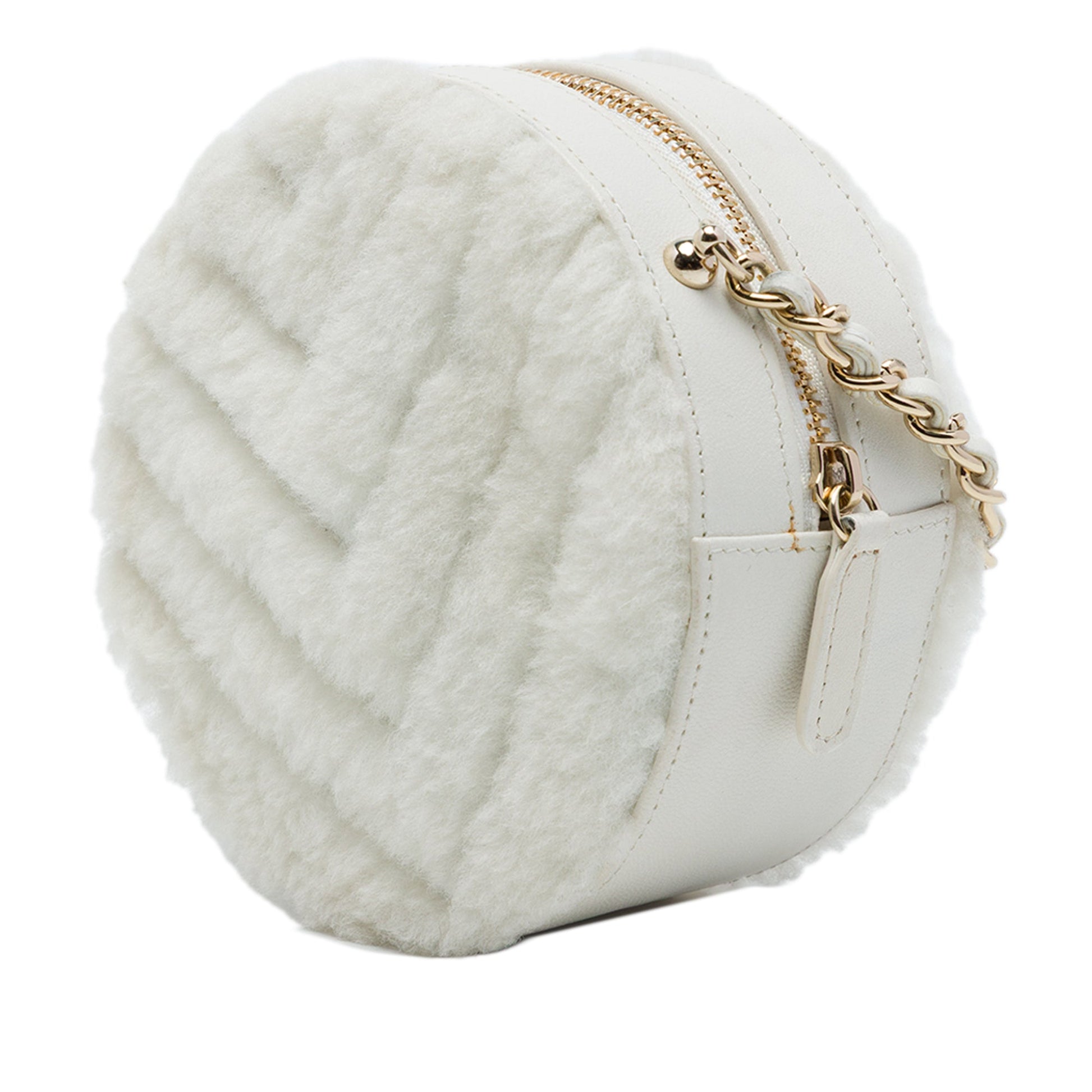Chanel CC Chevron Shearling Round Clutch with Chain