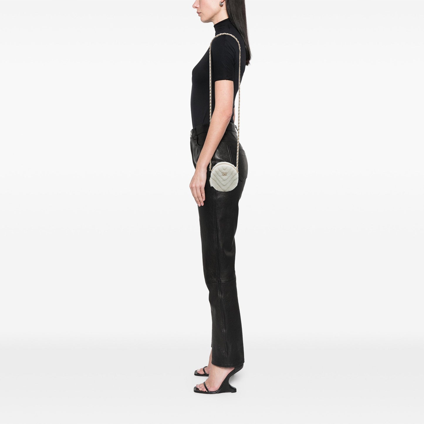 Chanel CC Chevron Shearling Round Clutch with Chain
