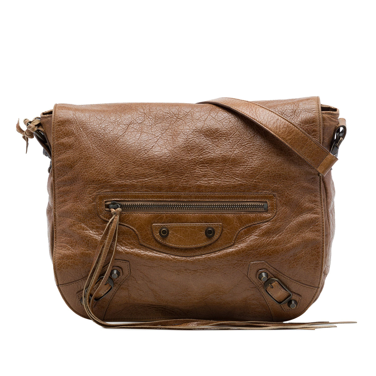 Balenciaga Lambskin Motocross Classic Folk Messenger Bag — Brown
