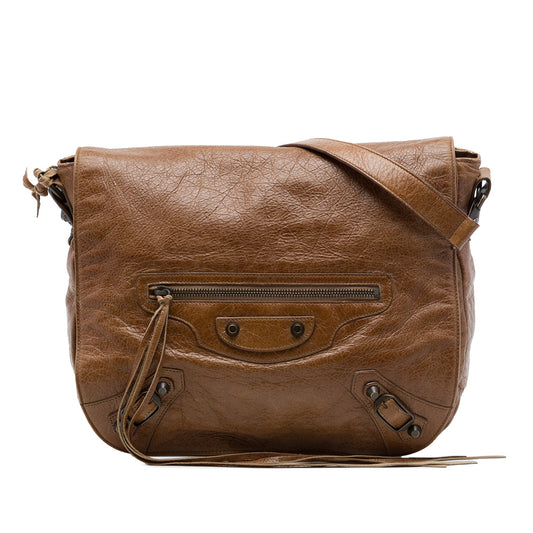 Balenciaga Lambskin Motocross Classic Folk Messenger Bag — Brown