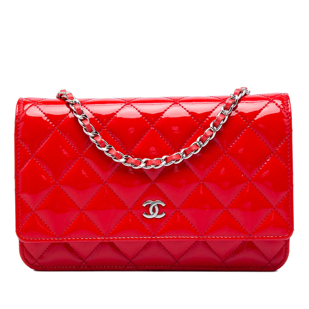Chanel CC Quilted Patent Wallet On Chain — Red