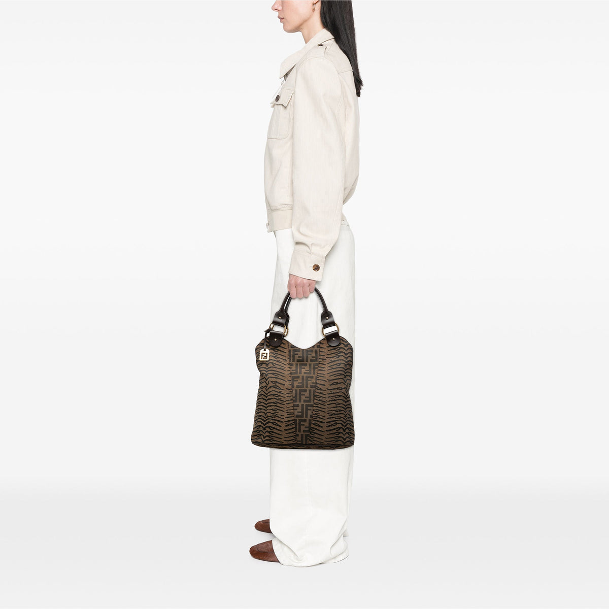 Fendi Zucca Zebra Print Canvas Diavolo Trapezio Tote — Brown