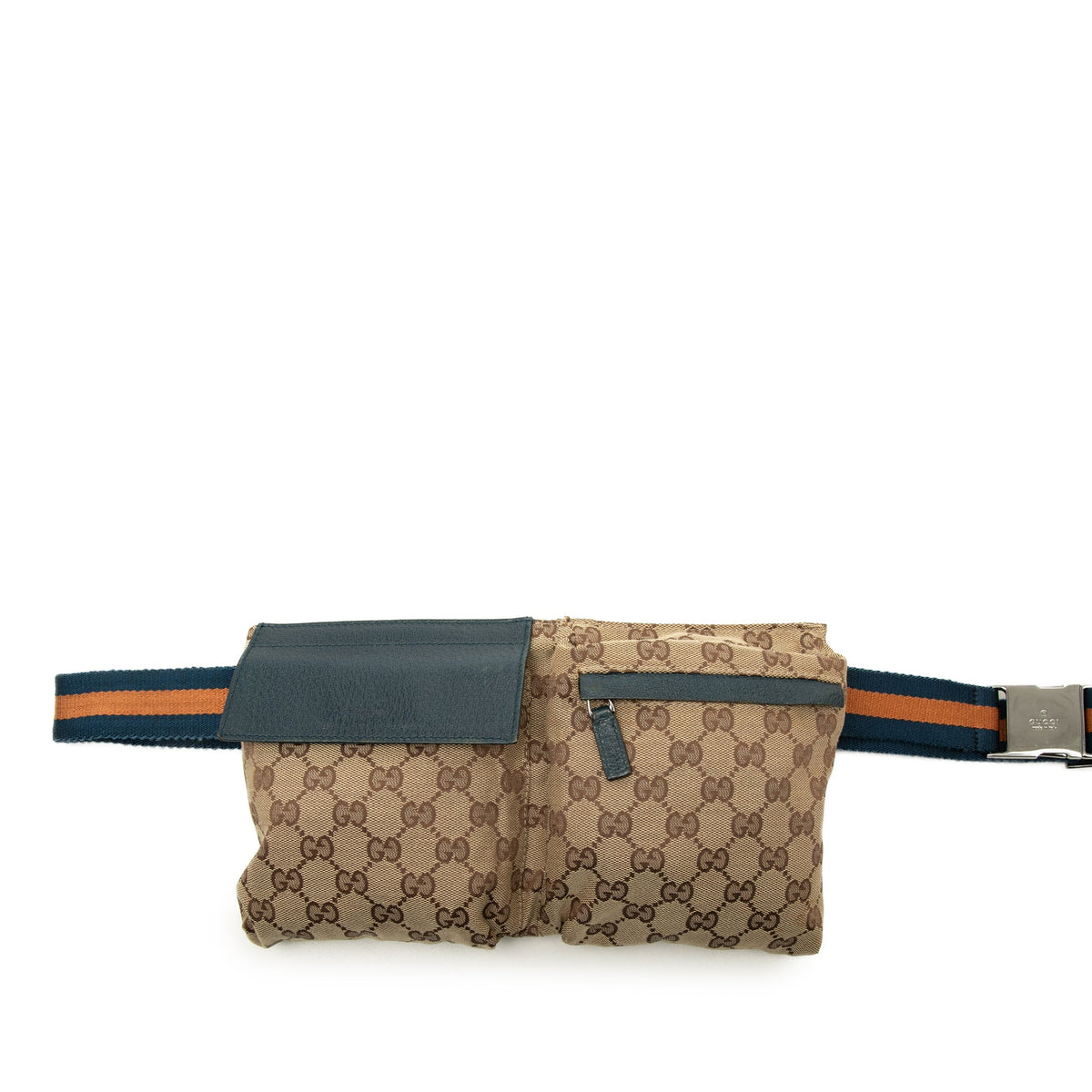 Gucci GG Canvas Web Double Pocket Belt Bag — Beige