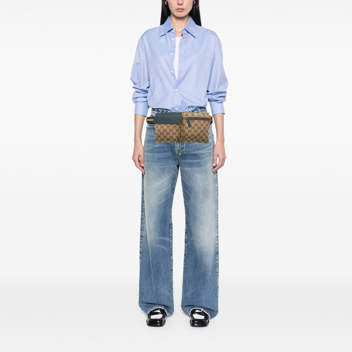 Gucci GG Canvas Web Double Pocket Belt Bag — Beige