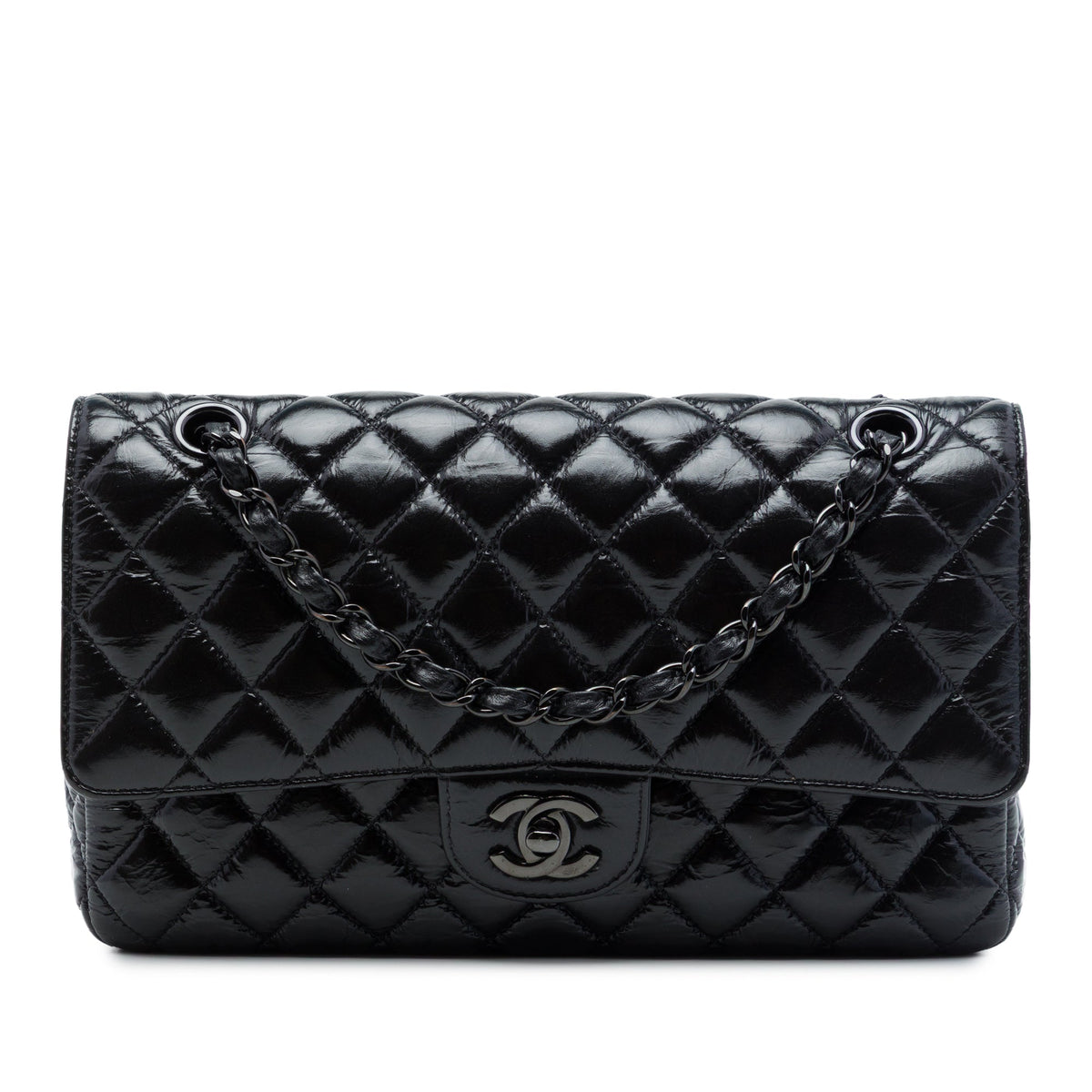 Chanel Medium Classic Shiny Crumpled Calfskin So Black Double Flap