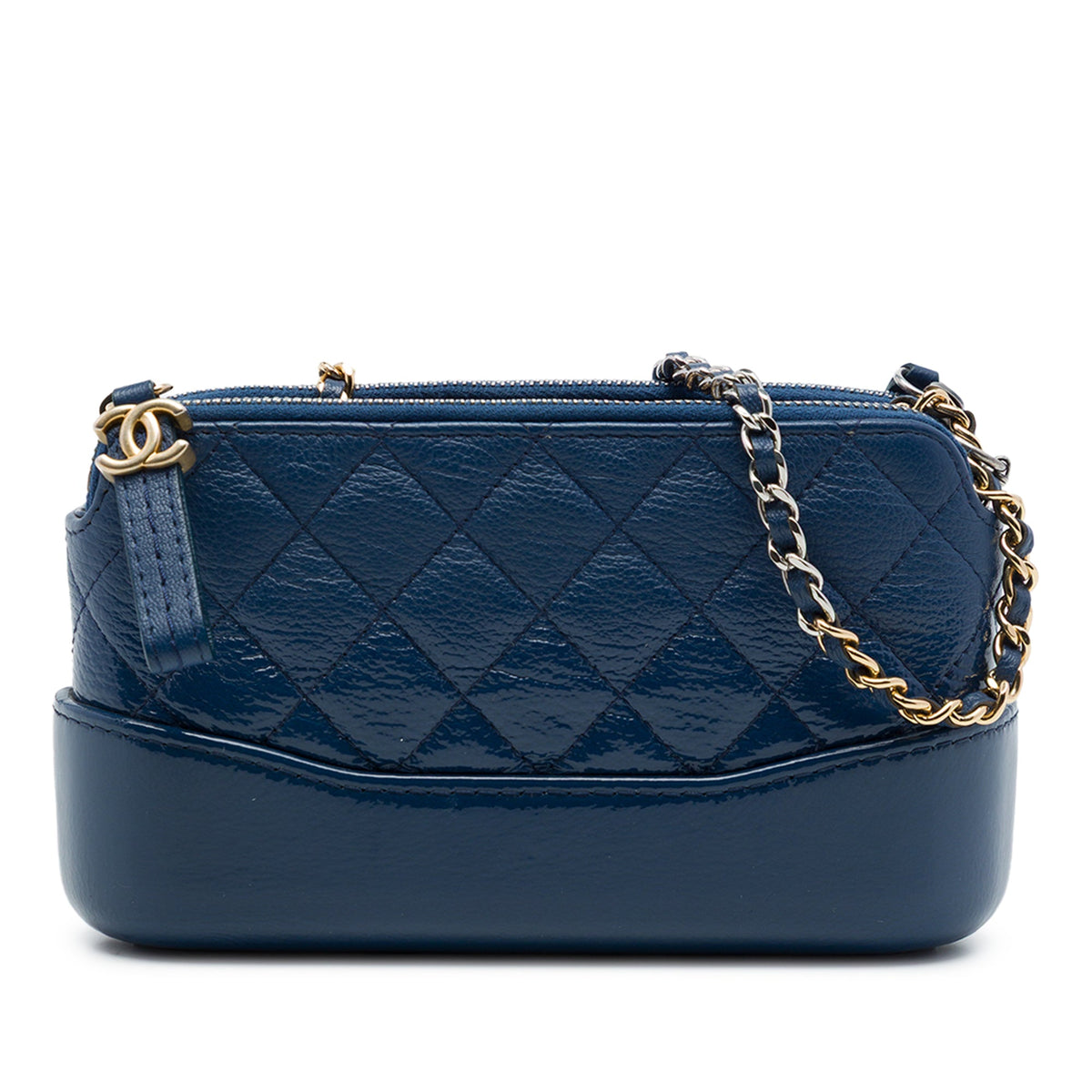 Chanel Quilted Patent Aged Calfskin Gabrielle Double Zip Clutch with Chain — Blue